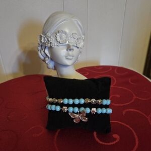 Beaded Turquoise Stretch Bracelet Set With Silver Butterfly Accent